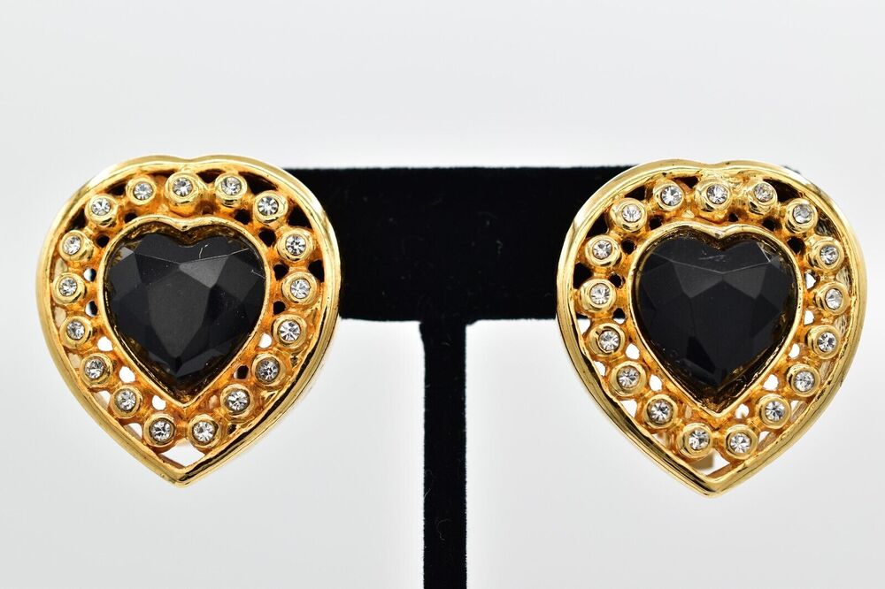 Vintage Crystal Heart Clip On Earrings Black Chunky Gold Heavy NOS 1980s A22
